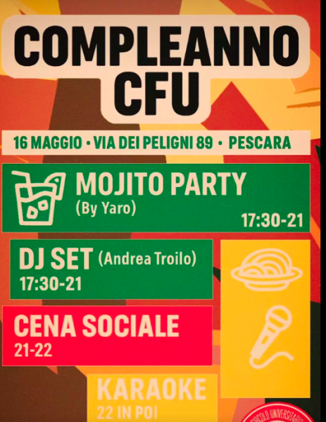 Il CFU compie 3 anni! Mojito Party by @_yarosky_ + Dj Set by @andrea_troilo + Cena sociale + Karaoke