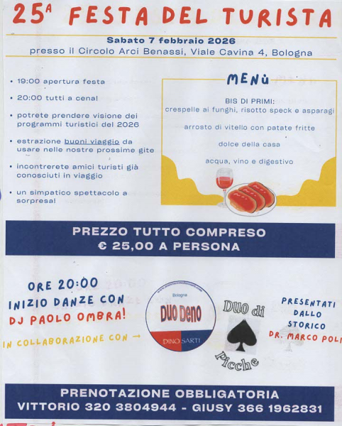 FESTA DEL TURISTA sabato 7 Febbraio 2026 - Circolo Benassi