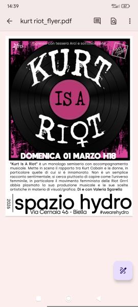 KURT IS A RIOT. FEMMINE E FEMMINISTE NELLA MUSICA DI KURT COBAIN E I NIRVANA .Monologo semiserio di e con Valeria Sgarella