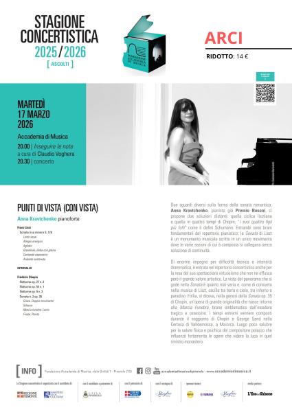 “Punti di vista (con vista)” | 17 marzo concerto di Anna Kravtchenko, pianoforte