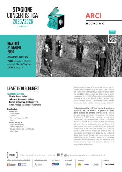 “Le Vette di Schubert” | 31 marzo Quartetto Armida in concerto