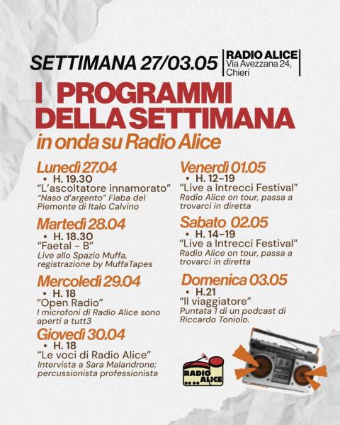 Programmazione Radio Alice settimana 27.04 -03.05.2026
