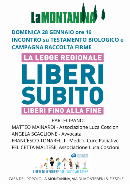 Domenica 28 Gennaio ore 16 – Casa del Popolo La Montanina – Incontro sul Testamento Biologico con l’Associazione Luca Coscioni