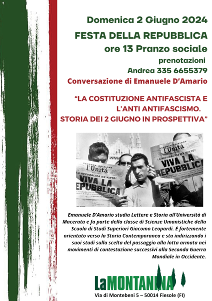 Domenica 2 Giugno - Festa della Repubblica - ore 13 Pranzo  e conversazione di Emanuele D'Amario sulla Costituzione e sull' anti-antifascismo