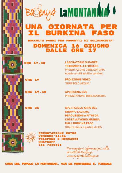 Domenica 16 giugno, dalle ore 17 - Casa del Popolo La Montanina Evento a supporto del Progetto Badenyà   Un ponte di speranza per la popolazione del Burkina Faso