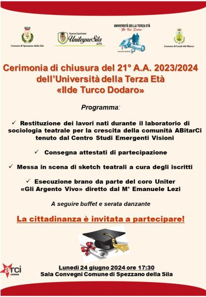Cerimonia di chiusura del 21° A.A. 2023/2024  dell’Università della Terza Età  «Ilde Turco Dodaro»