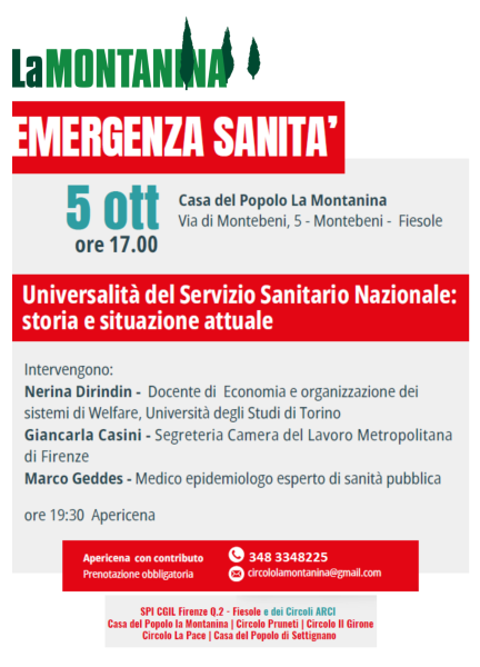 5 ottobre (alle 17,30) a La Montanina il primo incontro sul Sistema sanitario nazionale in Italia