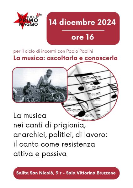 La musica: ascoltarla e conoscerla. La musica  nei canti di prigionia, anarchici, politici, di lavoro: il canto come resistenza attiva e passiva.